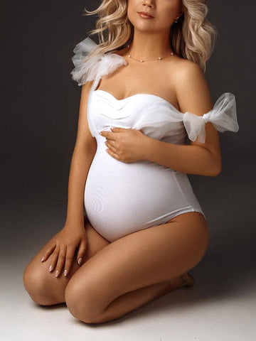 White Tulle Bow Lace-up Bodycon One-Pieces Bikini Beach Holiday Swimwear Elegant Maternity Photoshoot Bodysuit Maternity